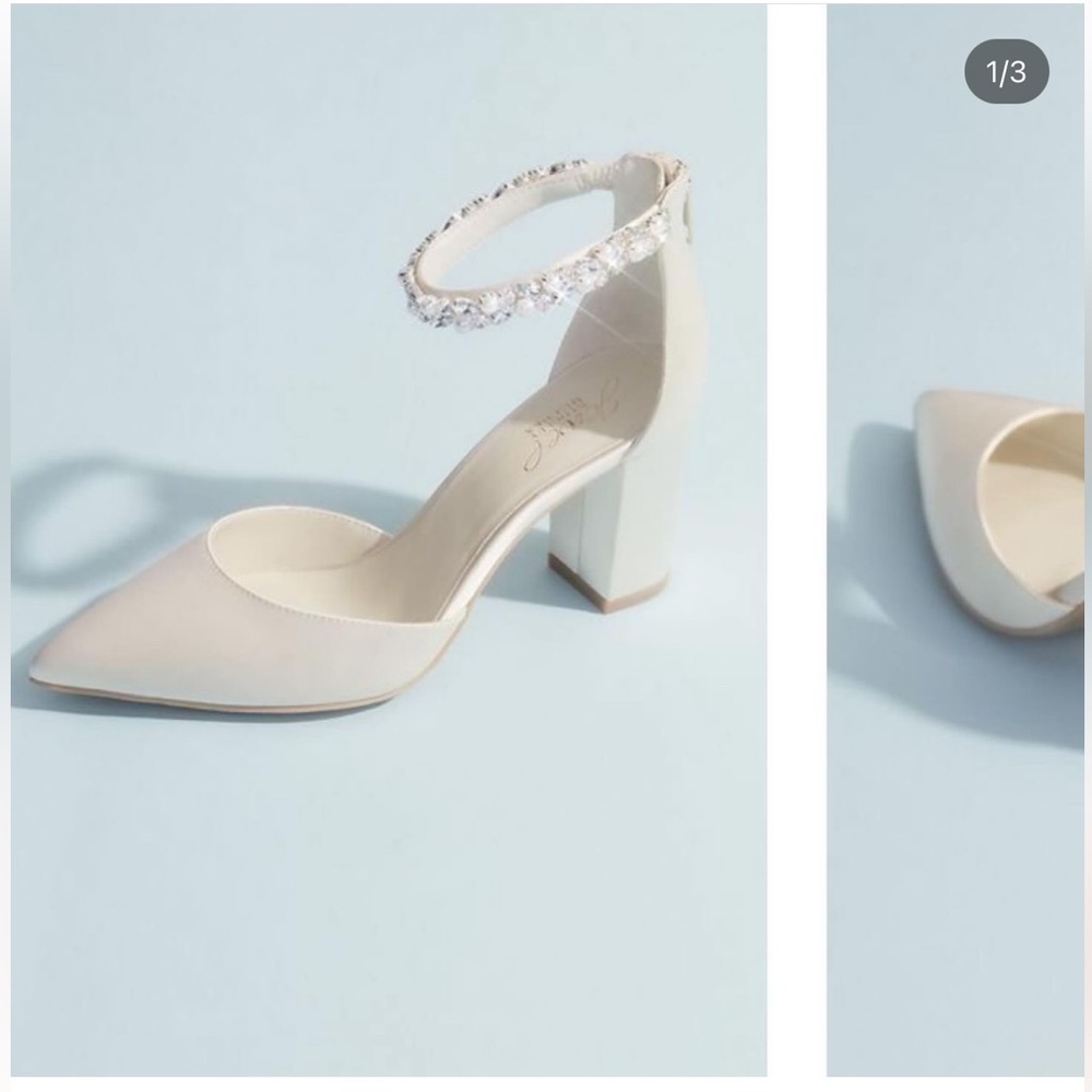 NEW! JEWEL BADGLEY MISCHKA
pointed toe satin block heels with crystal strap
